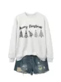 Close-up detail of casual grey Christmas tree print sweatshirt with denim shorts. - S / Tops / Off-white Sweatshirt (Black Graphic)