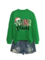 Sudadera de manga larga con estampado de letras Navidad Nana Claus mujer con shorts. - S / Tops / Sudadera verde hierba (estampado negro)
