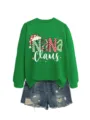 Sudadera de Navidad verde para mujer con estampado de Nana Claus y shorts vaqueros de ropa casual. - S / Tops / Sudadera verde hierba (estampado blanco)
