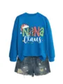 Women's blue Christmas Nana Claus graphic crewneck sweatshirt paired with stylish denim shorts. - S / Tops / Lake Blue