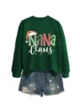 Sudadera gráfica de Navidad Nana Claus para mujer combinada con shorts de denim rotos. - S / Tops / Rojo Grande (Gráfico Blanco)