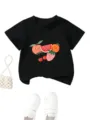 Dettaglio t-shirt per bambini con stampa di frutta carina, top nero maniche corta con accessori. - 90 / Top / Nero