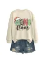 Christmas themed Nana Claus graphic print detail on cozy beige crewneck sweatshirt and shorts. - S / Tops / Sand