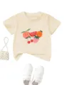 Cute fruit print children crewneck short sleeve t-shirt, comfortable and casual kids daily wear. - Apricot