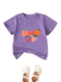Cute cartoon fruit print purple baby t-shirt detail showing cute peach and strawberry graphic. - Purple