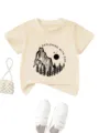 T-shirt beige a manches courtes pour enfants avec motif montagne pour vetement casual. - Abricot