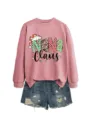 Women's pink Christmas Nana Claus graphic crewneck sweatshirt with distressed denim shorts. - S / Tops / Rose Gold (Black Graphic)