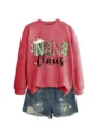 Women Christmas Nana Claus graphic sweatshirt with ripped denim shorts casual outfit set. - S / Tops / Red (Black Graphic)