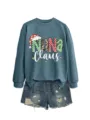 Women Christmas Nana Claus Graphic Sweatshirt Pullover with Denim Shorts Casual Outfit - S / Tops / Blue (White Print)