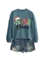 Women christmas long sleeve sweatshirt and denim shorts set casual holiday pullover outfit. - S / Tops / Blue (Black Print)