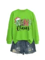 Women's green Christmas graphic sweatshirt paired with distressed denim shorts for holiday casual wear. - S / Tops / Fluorescent Green (Black Print)