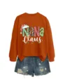 Women Christmas Nana Claus graphic sweatshirt paired with stylish denim shorts casual top - S / Tops / Burnt Orange (White Print)