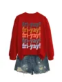 Detailed view of the red long-sleeve sweatshirt with colorful fri-yay graphic print. - S / Tops / Red