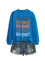 Women casual blue long sleeve sweatshirt with cute graphic print paired with stylish denim shorts. - S / Tops / Lake Blue