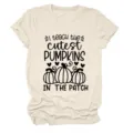 Women casual round neck short sleeve t-shirt with cute pumpkin teacher graphic print. - S / Tops / Sand (Black Font)
