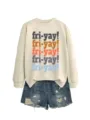 Women casual beige long sleeve sweatshirt with colorful fri yay print and ripped denim shorts - S / Tops / Sand