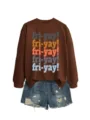 Women brown long sleeve sweatshirt distressed denim shorts casual stylish daily wear outfit - S / Tops / Coffee