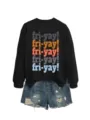 Casual black long sleeve sweatshirt featuring colorful fri-yay letter print for women daily wear. - S / Tops / Black