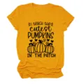Women's golden yellow short sleeve round neck t-shirt featuring cute pumpkin print. - S / Tops / Mustard Yellow (Black Text)