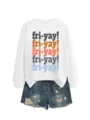 Women's casual long sleeve sweatshirt with colorful fri-yay letter print and denim shorts. - S / Tops / White