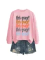 Casual pink long sleeve sweatshirt for women with colorful fri-yay text print daily wear. - S / Tops / Pink