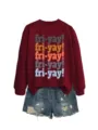 Casual long sleeve maroon sweatshirt featuring stacked colorful fri-yay letter graphic print. - S / Tops / Burgundy