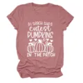Close-up view of the cute pumpkin teacher t-shirt graphic, white print on mauve cotton top. - S / Tops / Rose Gold (White Font)