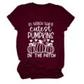 Womens casual round neck short sleeve t-shirt with cute pumpkin graphic print for daily wear. - S / Tops / Wine Red (White Font)