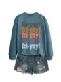 Casual comfortable women long sleeve sweatshirt with fri yay print and denim shorts set. - S / Tops / Blue