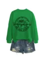 Grüner Sweatshirt-Detail mit niedlichem Herbst-Kürbis-Grafikprint und langen Ärmeln. - S / Oberteil (5801) / Grasgrün (Schwarze Schrift)