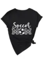 Γυναικείο Μαύρο V-Neck T-Shirt Κονtoμάνικο με Soccer Mom Σχέδιο και Πλαϊνό Κόμπο - S / Tops / Μαύρο(3812)
