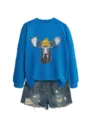 Detalle de la sudadera azul de manga larga con diseño de alce lindo y gorro de invierno. - S / Tops / Azul lago