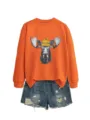 Sudadera naranja de manga larga con bonito estampado de alce combinada con shorts vaqueros. - S / Tops / Naranja