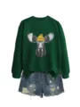 Mujer lindo alce gráfico verde cuello redondo sudadera manga larga con pantalones cortos - S / Tops / Verde oscuro