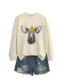 Sudadera beis elegante de manga larga con estampado de alce combinado con pantalones cortos. - S / Tops / Arena