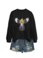 Mujer sudadera negra cuello redondo manga larga lindo estampado de alce con pantalones cortos. - S / Tops / Negro