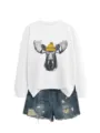 Mujer sudadera cuello redondo manga larga con estampado de alce lindo y pantalones cortos vaqueros - S / Tops / Blanco