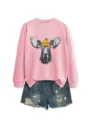 Sudadera rosa de manga larga para mujer con diseño de alce y detalle de shorts de denim. - S / Tops / Rosa