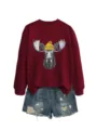 Encantadora sudadera burdeos de manga larga con lindo gráfico de alce y gorro amarillo. - S / Tops / Burdeos