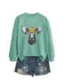 Sudadera de cuello redondo con estampado de alce y pantalones cortos vaqueros rotos. - S / Tops / Verde claro