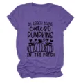 Casual women's purple short sleeve t-shirt with cute pumpkin teacher graphic print. - S / Tops / Purple (Black Text)
