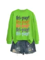 Green long sleeve sweatshirt detail with colorful fri-yay print and matching denim shorts. - S / Tops / Fluorescent Green