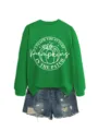 Grüner Langarm-Sweatshirt-Detail mit süßem Kürbis-Grafik-Print für Herbst und Freizeit. - S / Oberteil (5801) / Grasgrün (Weiße Schrift)