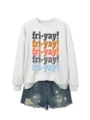 Close-up detail of casual grey long sleeve sweatshirt featuring colorful fri-yay text print. - S / Tops / Off-White
