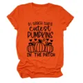 Detail shot of bright orange short sleeve round neck t-shirt with teacher pumpkin design. - S / Tops / Orange (Black Font)