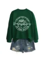 Damen grüner Langarm-Pullover mit süßem Kürbis-Print und stylischen Jeansshorts. - S / Oberteil (5801) / Dunkelgrün