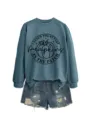 Lässiger Damen Herbst Langarm Sweatshirt mit Lehrer Kürbis Print Bequeme Freizeitkleidung - S / Oberteil (5801) / Blaues Sweatshirt (Schwarze Schrift)
