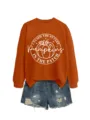 Herbst Kürbis Print Langarm Sweatshirt passend zu Destroyed Jeansshorts für Damen. - S / Oberteil (5801) / Gebranntes Orange (Weiße Schrift)