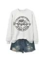 Lässiges graues Langarm-Sweatshirt für Damen mit niedlichem Herbst-Kürbis-Grafikdruck. - S / Oberteil (5801) / Cremeweiß (Schwarze Schrift)