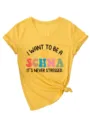 Lässiges gelbes V-Ausschnitt Kurzarm-T-Shirt mit witzigem Aufdruck und Knotendetail. - S / Oberteile / Gelb